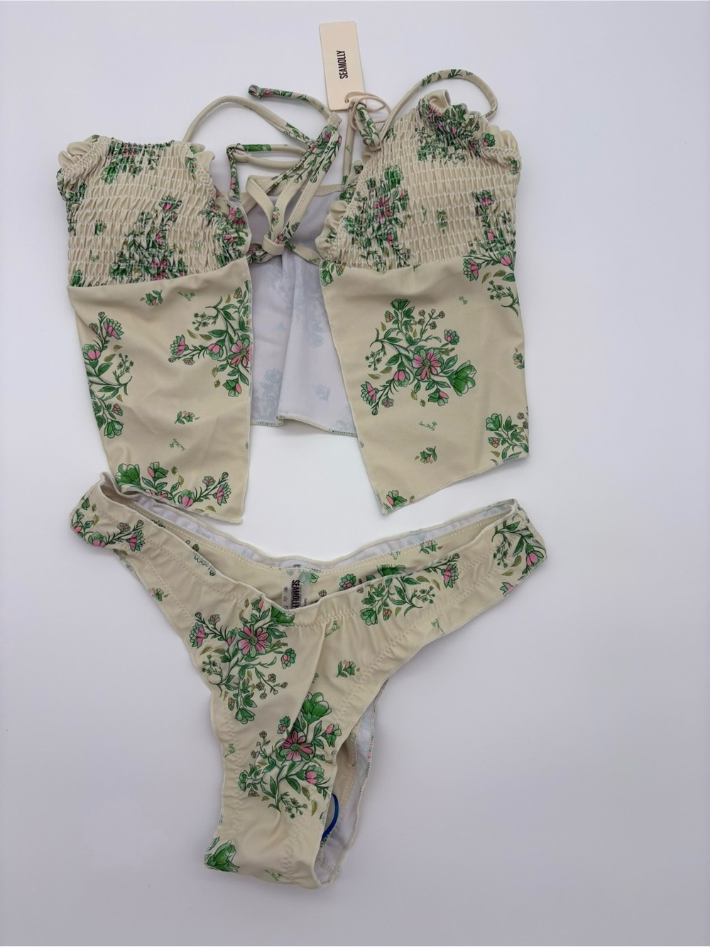 Floral Smocked Bandeau Bikini Set in Cream - Women's Swim